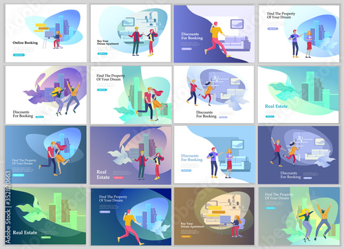 Real Estate Landing Page template. Investment in Property, happy people buying or renting Apartments, house. Online Booking, rent discounts, succes deal. Vector illustration with cartoon