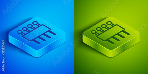 Isometric line Needle for sewing icon isolated on blue and green background. Tailor symbol. Textile sew up craft sign. Embroidery tool. Square button. Vector Illustration