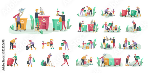 people and children Recycle Sort organic Garbage in different container for Separation to Reduce Environment Pollution. Family with kids collect garbage. Environmental day vector cartoon