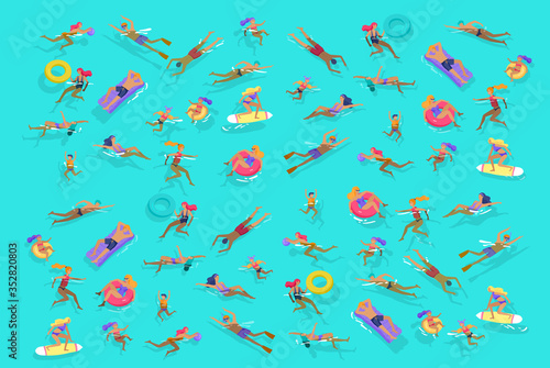 People family and children in sea, pool or ocean performing activities. Men or women swimming in swimwear, diving, surfing, lying on floating air mattress, playing ball. Cartoon vector