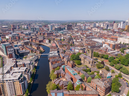 Wide Shot of Leeds City Centre in Yorkshire with Leeds Minster and River Aire