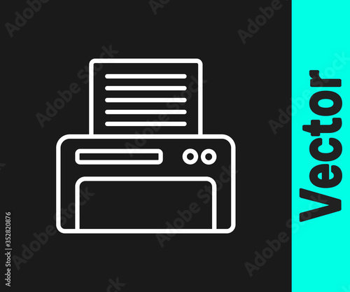 White line Printer icon isolated on black background. Vector Illustration