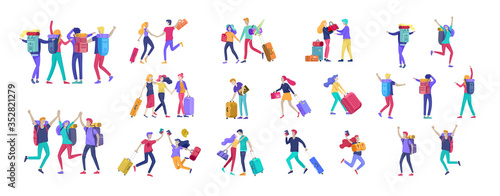 Different people travel on vacation. Tourists with laggage travelling with family, friends and alone, go on journey. Travelers in various activity with luggage and equipment. Vector