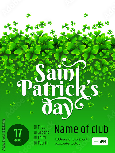 Banner - Saint Patrick's day. Imitation of green beer foam. Illustration with text and green Clover on gradient background.