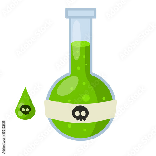 Flask of green poison. Liquid bottle. Medical preparation. Glass object. Drop of toxin. Cartoon flat illustration. Alchemical item