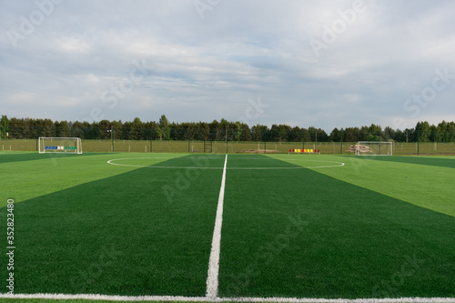 An empty soccer field with no players
