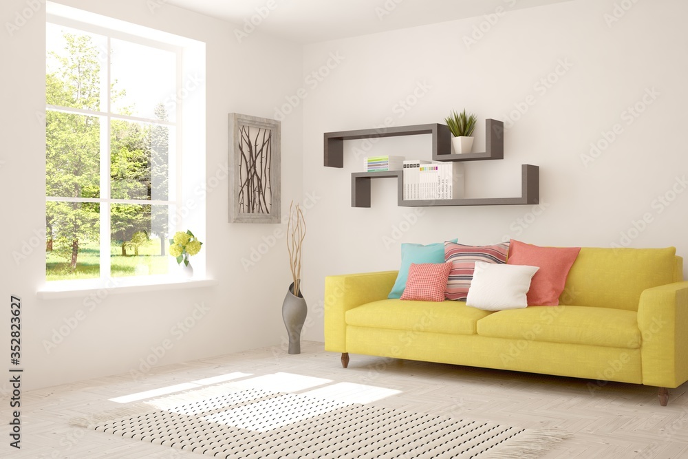Fototapeta premium White living room with sofa and summer landscape in window. Scandinavian interior design. 3D illustration
