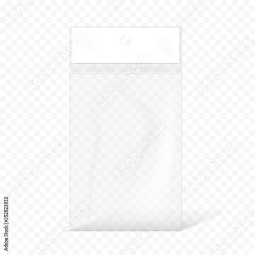Clear packaging pouch with hanging slot on transparent background, vector mockup. Empty plastic pocket bag package, mock-up