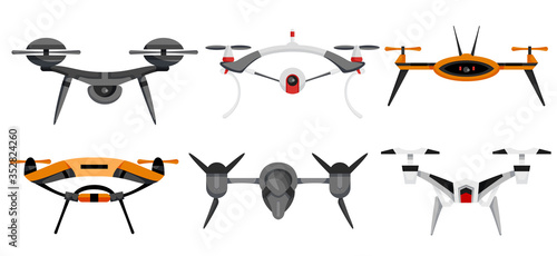 Quadrocopter drones. Air drones hovering. Aerial vehicle. Unmanned aircrafts. Set of modern air gadjet  quadrocopters on remote control. Flat cartoon style of aircrafts camera