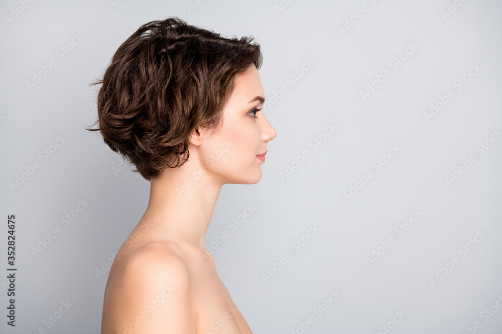 Closeup profile photo of attractive beautiful naked lady bob short hairstyle look empty space sensual aesthetic beauty isolated grey color background Closeup profile photo of attractive beautiful naked lady bob short hairstyle look empty space sensual aesthetic beauty isolated grey color background