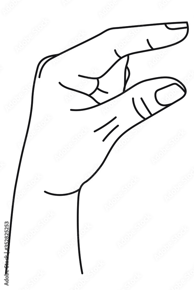 Hand showing size between fingers. Gesture showing measuring in sign language. Vector illustration in outline style isolated on white background. Hand showing size between fingers. Gesture showing measuring in sign language. Vector illustration in outline style isolated on white background.
