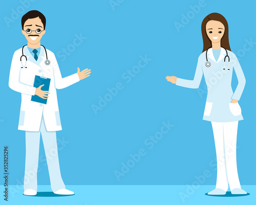 Illustration with two doctors with stethoscopes on a blue background.