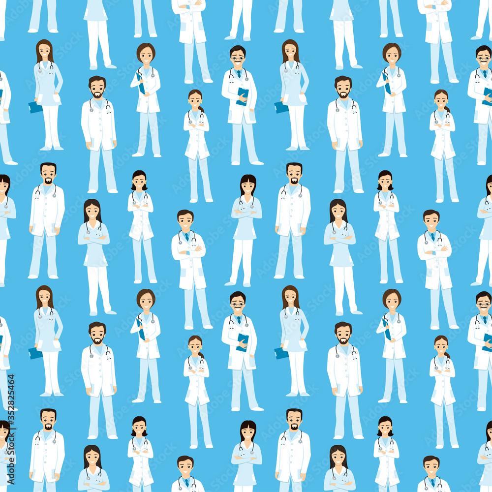 Seamless pattern with cheerful doctors on a blue background. Seamless pattern with cheerful doctors on a blue background.