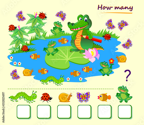 Math education for children. Count quantity of animals around crocodile on the lake and write numbers. Printable worksheet for kids school textbook. Online playing. Flat vector illustration.
