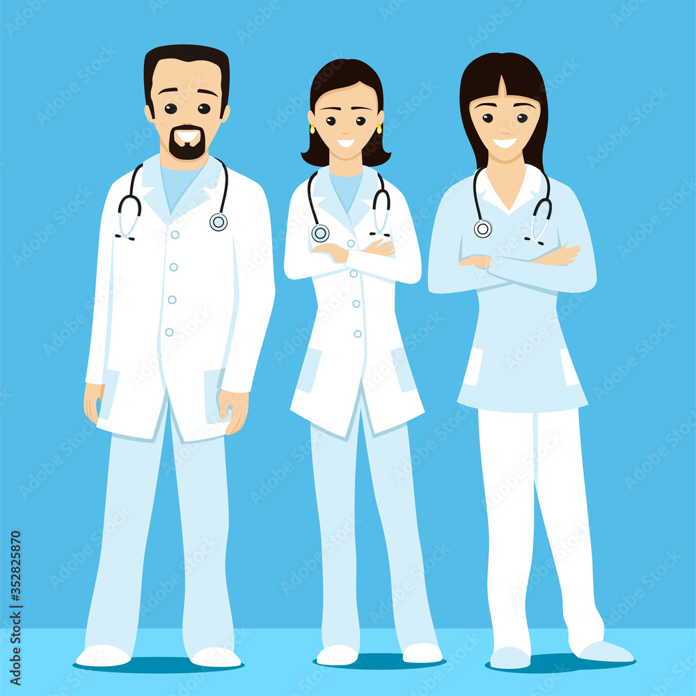 Illustration with three doctors with stethoscopes on a blue background.