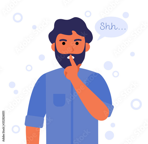 Shh man flat vector illustration. Cartoon serious man holding hand near mouth silence gesture. Business secret and please keep quiet concept