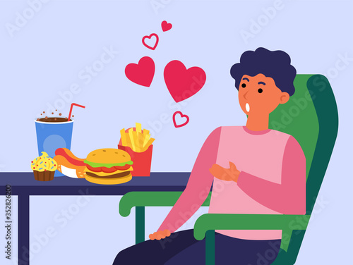 Man suffering from fast food addiction. Dinner, burger, French fries, soda flat vector illustration. Unhealthy eating, diet, nutrition concept for banner, website design or landing web page