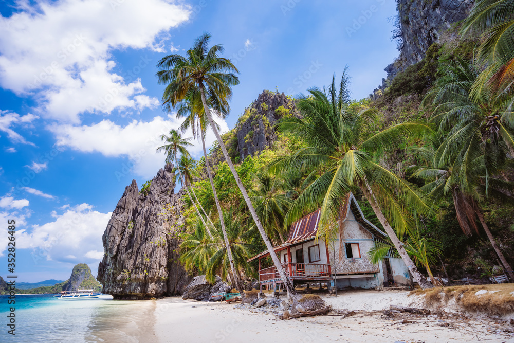 Obraz premium tropical hut under palm trees on Ipil Beach at Pinagbuyutan Island. El Nido, Palawan, Philippines