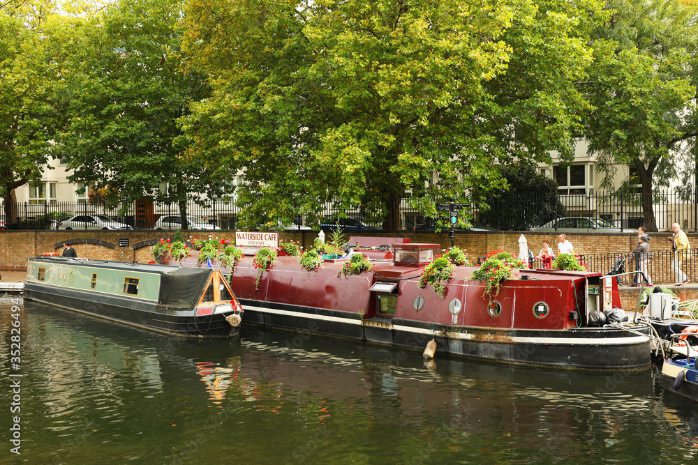 Little Venice water channles with colorful barges, London, UK, Europe