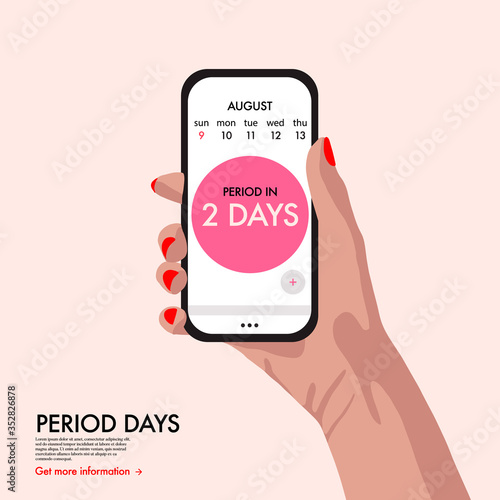 Mobile period tracker app. Woman holding phone with menstruation intimate tracker. Health care portable phone system, cartoon vector beauty illustration
