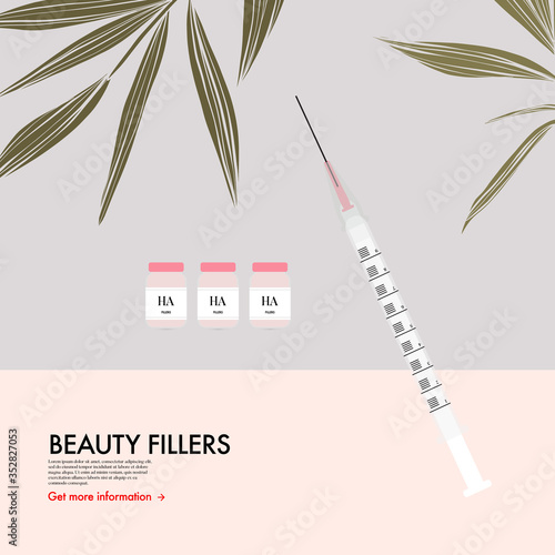 Hyaluronic Acid beauty injections,  beauty cosmetology procedure, face lip filler, syringe lifting advertising, aesthetic surgery banner, anti age skin booster. Cosmetic promotion, beauty vector