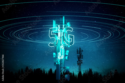 Fotografia 5G mobile signal Communication Mast (cell tower) Super fast data streaming concept