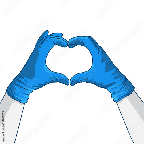 hand gesture creating a heart the symbol of love while wearing PPE protective latex blue gloves. Medical staff respect vector illustration.