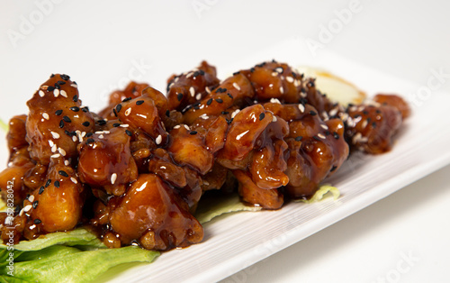 Close-up of Teriyaki Chicken on white background.