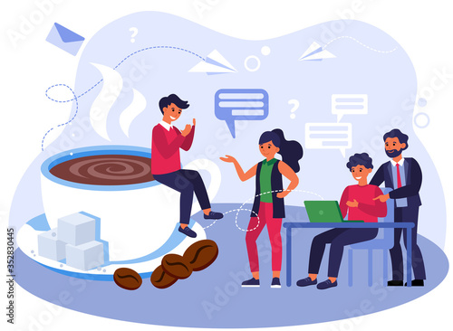 Business team discussing project over coffee break. Businesspeople meeting in coffee shop for brainstorm flat vector illustration. Communication concept for banner, website design or landing web page