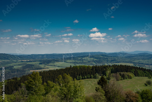 landscape of the mountains and wind power plant. Rychory, Czech republic