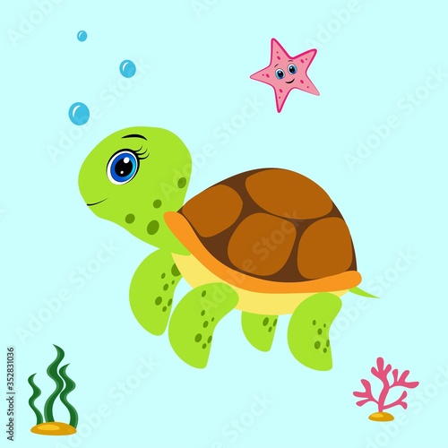 cute cartoon turtle illustration, vector character
