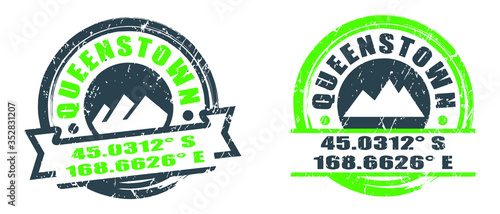 Queenstown coordinate stamp. With the remarkables mountains image inside. Grunge textures. Vector illustration.