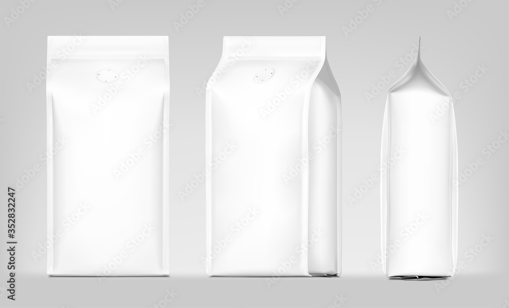 Coffee bag package mockup with degassing valve. Front, side and perspective view. Vector illustration on grey background. Packaging mockup ready for your design, presentation, promo, adv. EPS10. Coffee bag package mockup with degassing valve. Front, side and perspective view. Vector illustration on grey background. Packaging mockup ready for your design, presentation, promo, adv. EPS10.