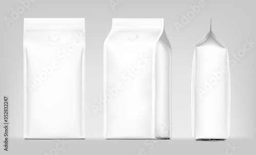 Coffee bag package mockup with degassing valve. Front, side and perspective view. Vector illustration on grey background. Packaging mockup ready for your design, presentation, promo, adv. EPS10.