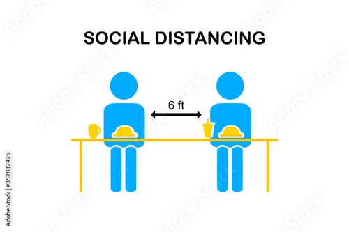 Restaurant and social distancing concept.People sitting in restaurant eating food with table seating arrangements in Canteen.Alternate seating in local public food courts.safety measures. line icon.