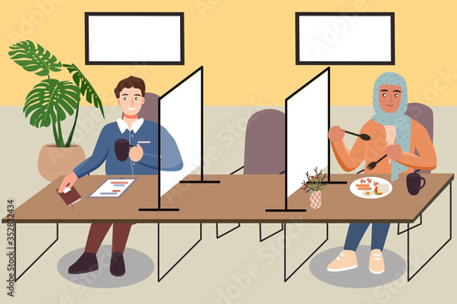 Social distancing rules in practice, alternate seating in local public food courts (restaurants, food outlets), to reduce risk of further transmission,safety measures.New normal lifestyle food drink.