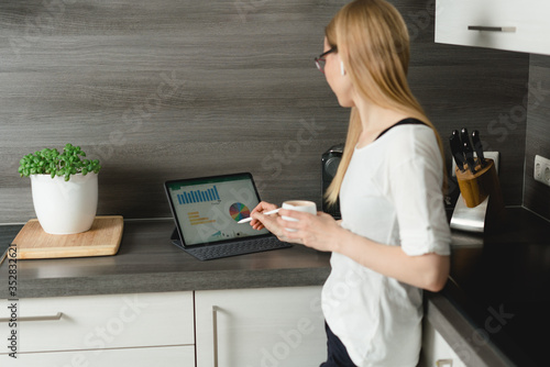 frau arbeitet im Homeoffice in der Küche am tablet, trinkt einen Kaffee und telefoniert mit bluetooth-kopfhörern