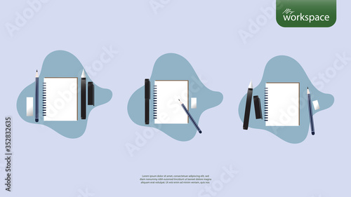 Workspace with blank open notepad, pen, pencil, eraser, pastel style, Flat lay, top view