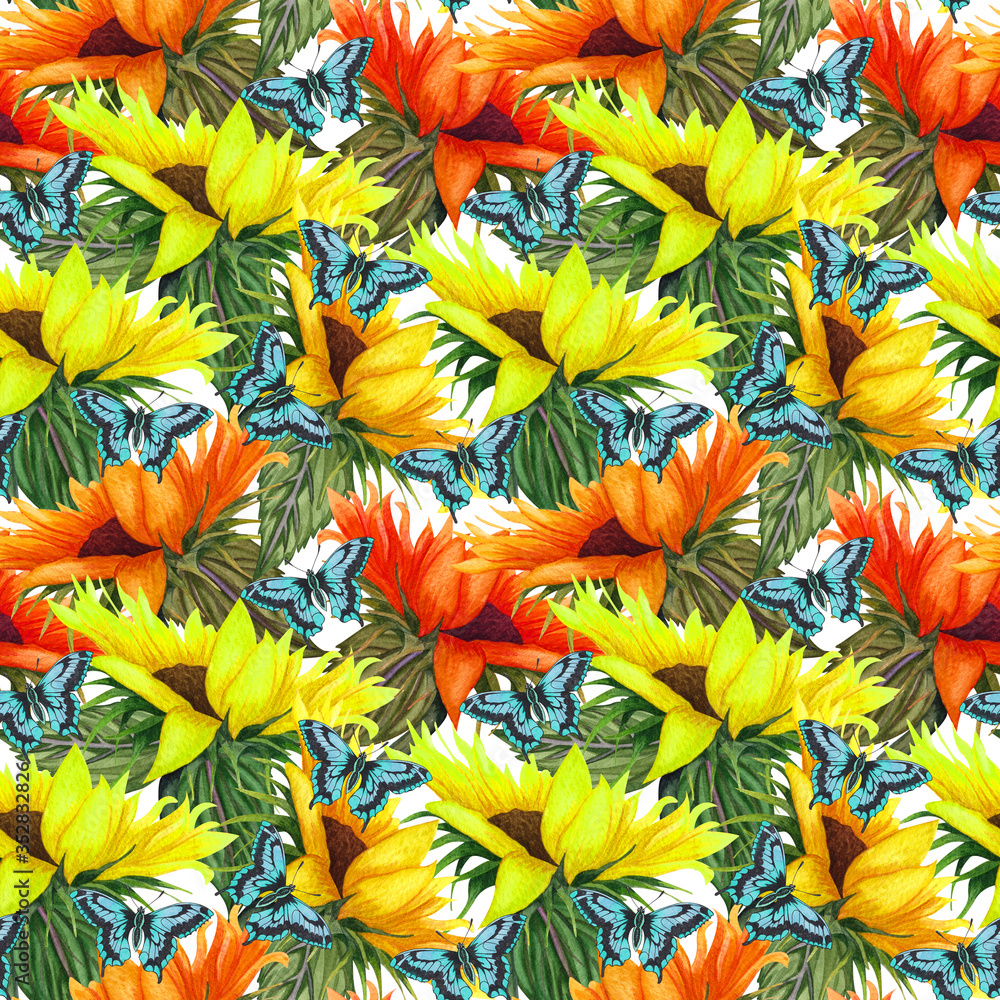 Fototapeta premium Sunflower seamless pattern. Sunflower fabric background.