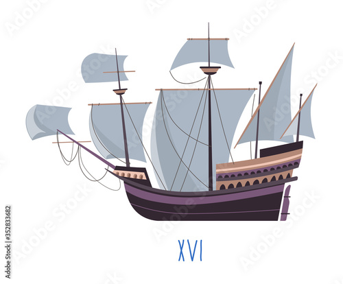 Ship of old times, boat with sails vector