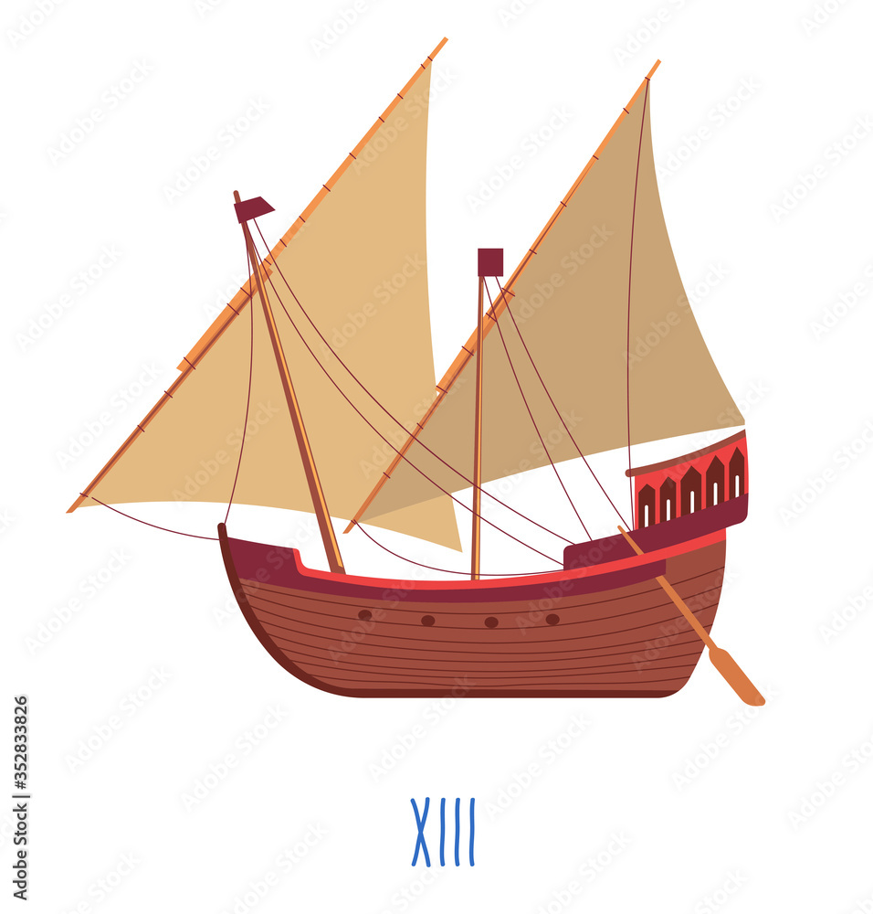 Wooden ship with sails and oars, 13 century boat