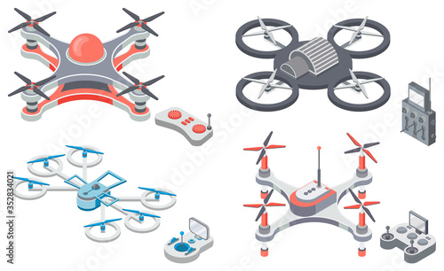 Drone with remote controller, wireless device with propellers, quadcopter symbol, aircraft with remotely radio controlled flying robots, discovery air robot for video and photo, multicopter vector