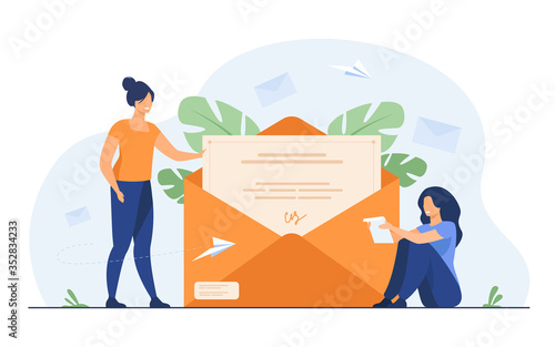 Woman receiving mail and reading letter. Person getting contract with signature out of envelope. Flat vector illustration for email, message, communication concept
