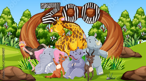 Zoo animals in the wild nature background