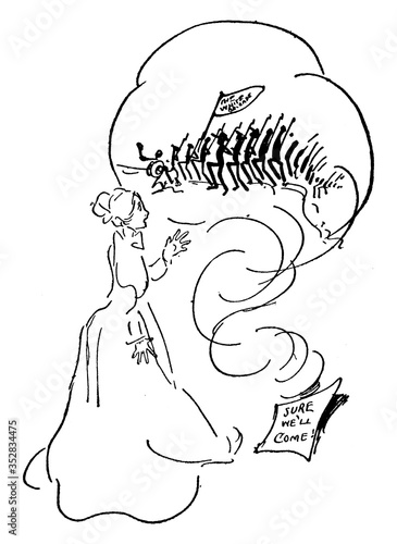 Woman Envisioning Soldiers, vintage illustration.