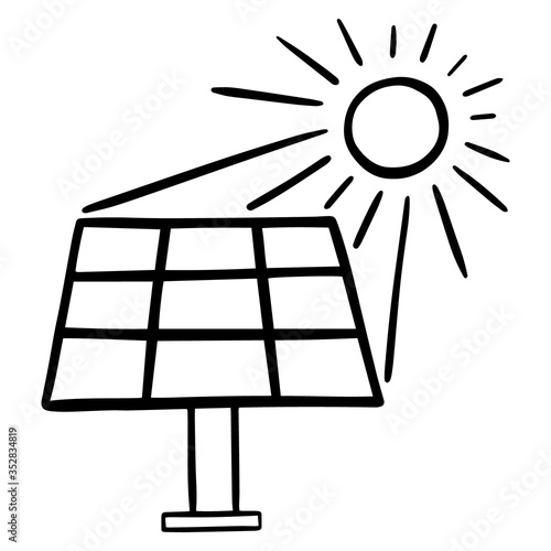 Hand drawn solar battery with sun. Doodle. Ecology concept. Isolated on white background. Vector illustration.