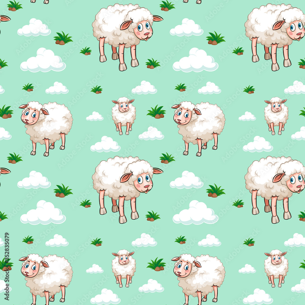 Fototapeta premium Seamless background design with white sheep and clouds