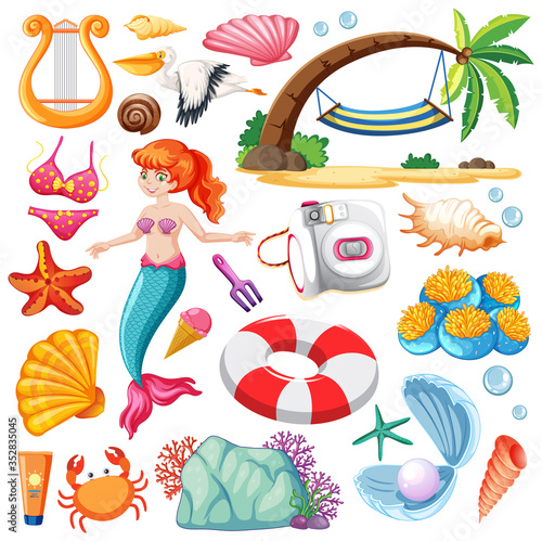 Set of mermaid and summer icon cartoon character on white background