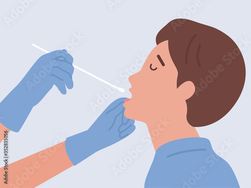 Doctor doing Covid-19 test or DNA test with Man by nasal swab probe with inserting a long cotton swab into the mouth and Tongue. Medical Diagram about virus check. photo