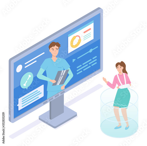 Isometric computer display with website. Woman patient with broken hand in gypsum consulting with sawbones, surgeon through online medical cabinet. Concept of online virtual medicine at distance